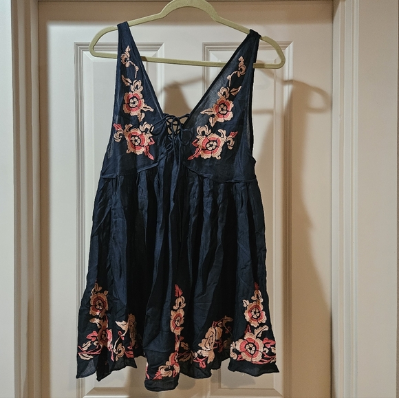 Free People Embroidered Aida Mini Slip Dress V Neck Sleeveless A Line S Navy NWT - Picture 2 of 15